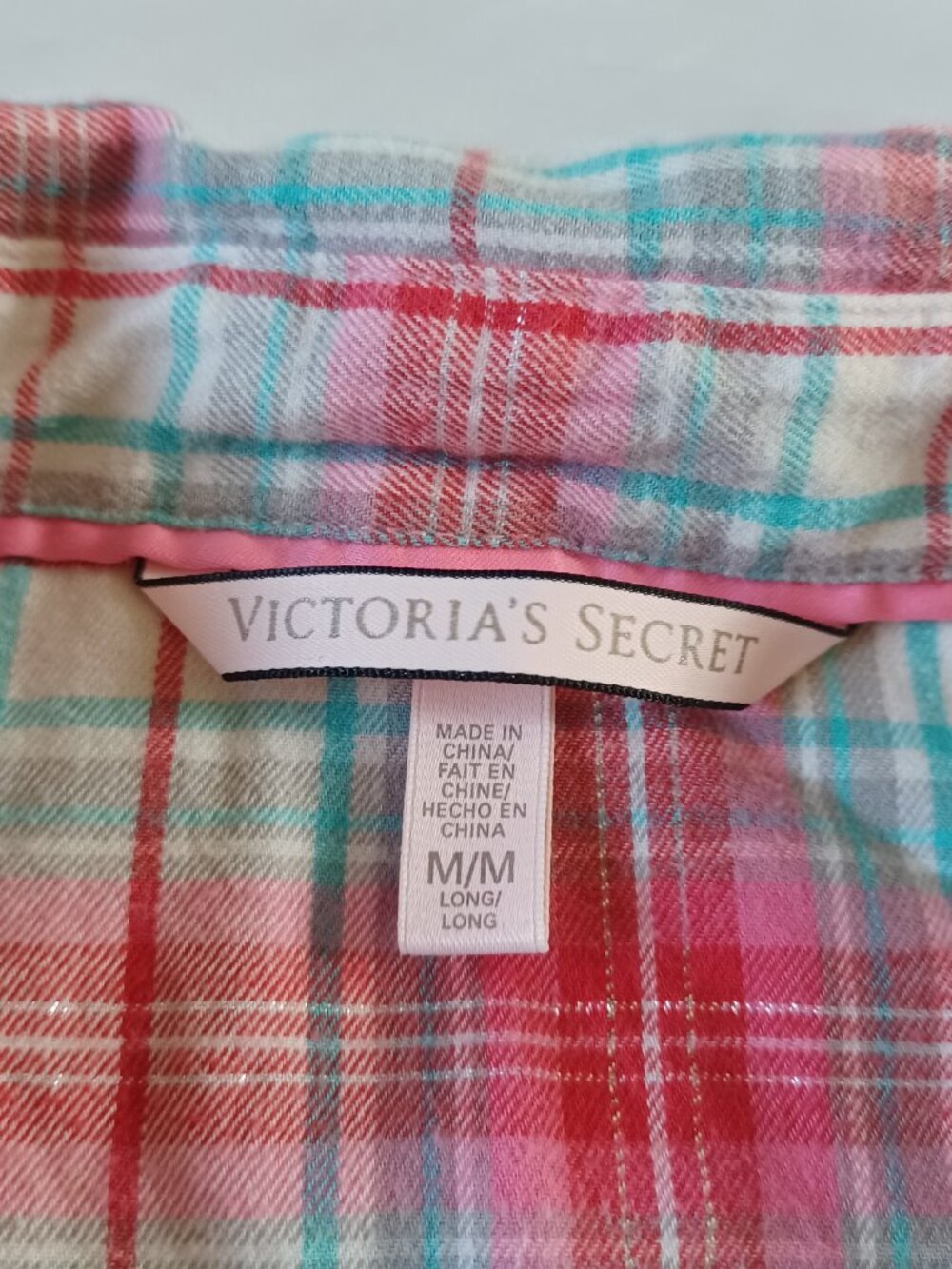 VS Victoria's Secret Womens Pajamas Set Flannel Pink Plaid Long Sleeve Size M - Picture 11 of 15